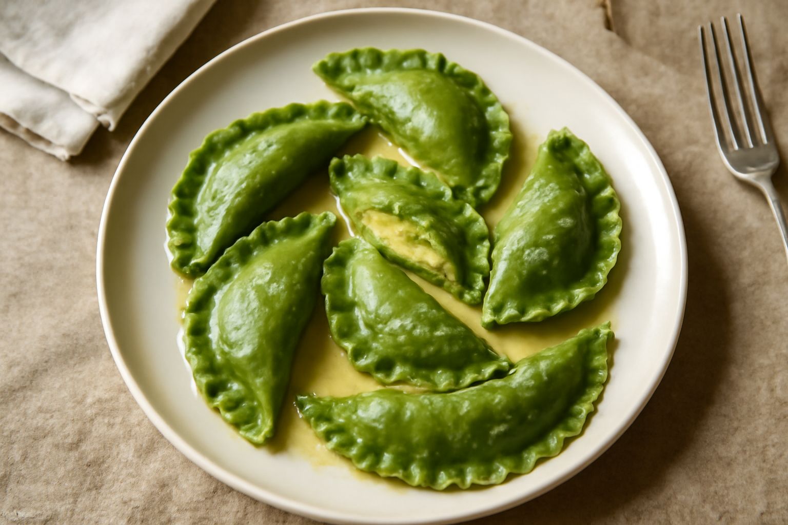 Casunziei verdi appena cotti su un piatto bianco, forme a mezzaluna con sfoglia verde acceso, superficie lucida di burro fuso, guarniti con salvia e parmigiano grattugiato