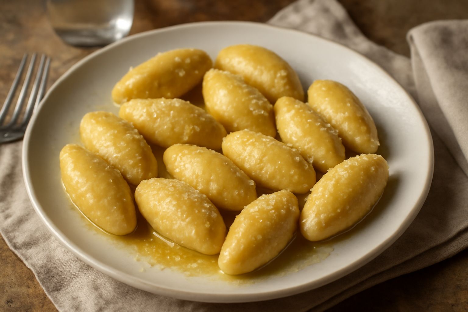 Piatto bianco con circa dieci casunziel di forma ovale appena cotti, ricoperti di burro fuso dorato e parmigiano grattugiato, contorno di piatto pulito, sfondo grigio neutro