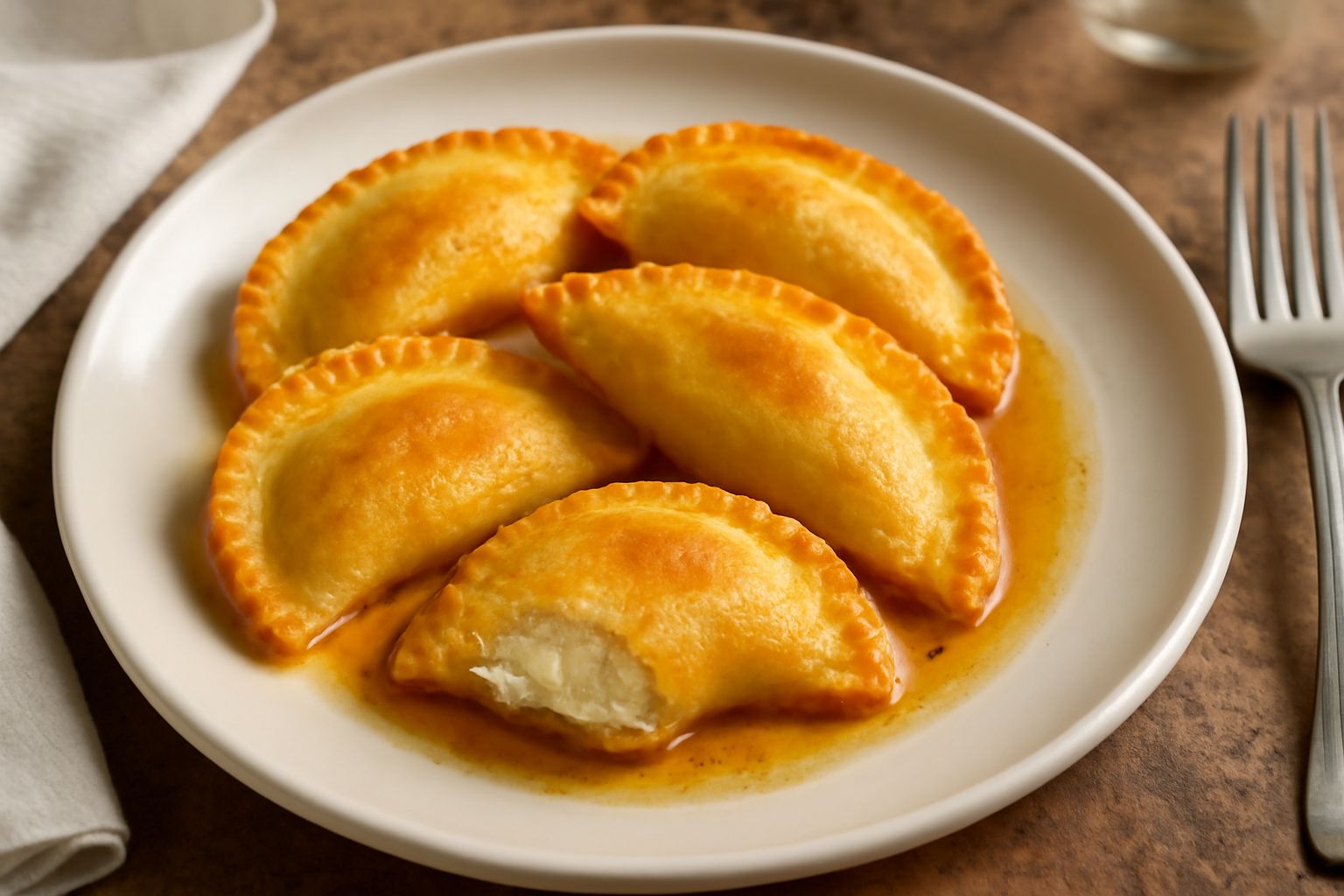 Piatto di casunziones sarde fritte, dorate e croccanti, cosparse di zucchero bianco e miele, ripiegate a mezzaluna con rientranza al centro