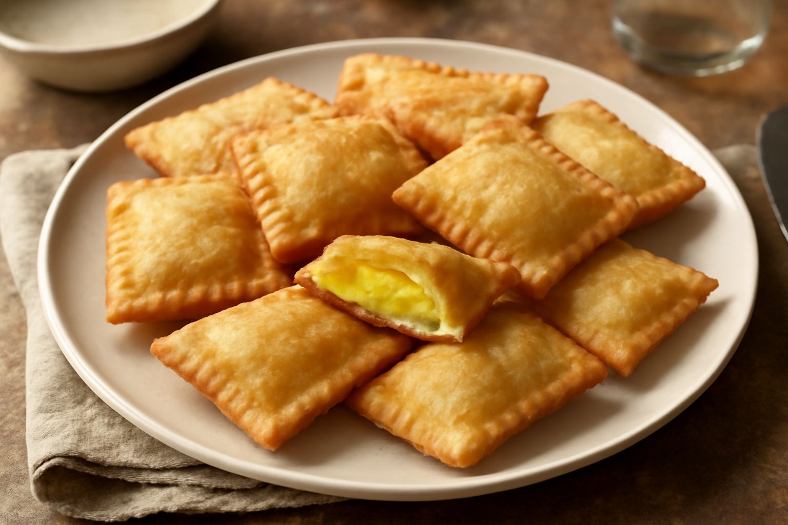 Casunzones dorati e croccanti disposti su un piatto bianco, ricoperti di zucchero a velo e miele, con uno spicchio aperto che mostra il ripieno giallo di patate e formaggio