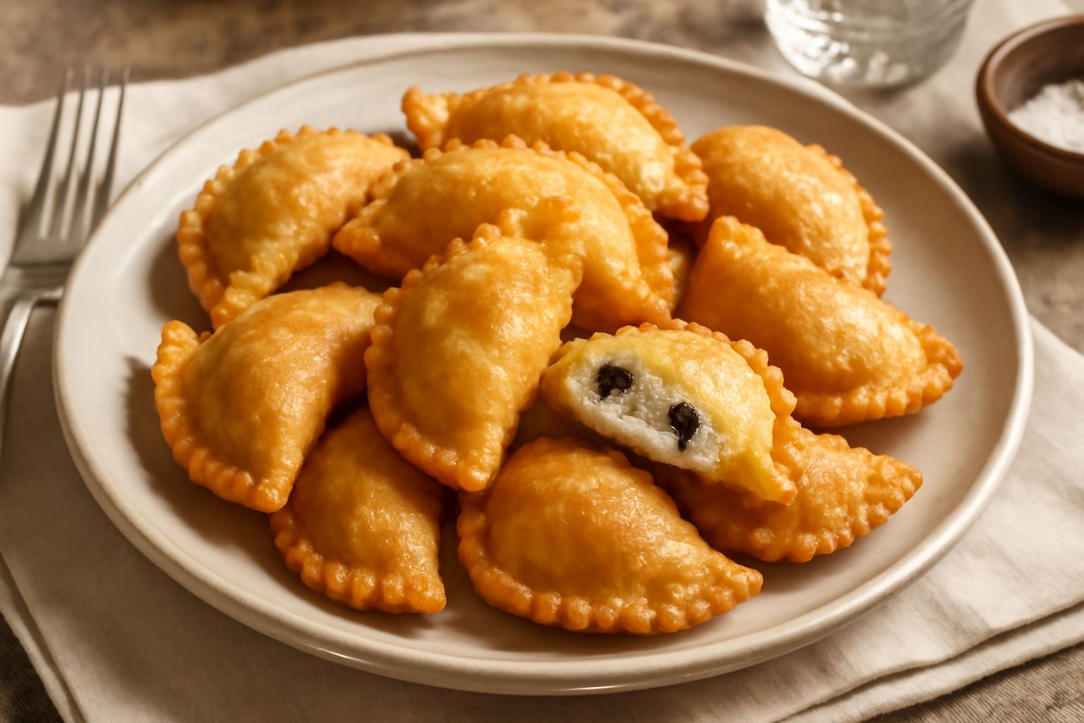 Casunzones dorati serviti in un piatto di ceramica bianca, spolverati di zucchero semolato e miele dorato, con mandorle intere sparse intorno, sfondo di lino naturale