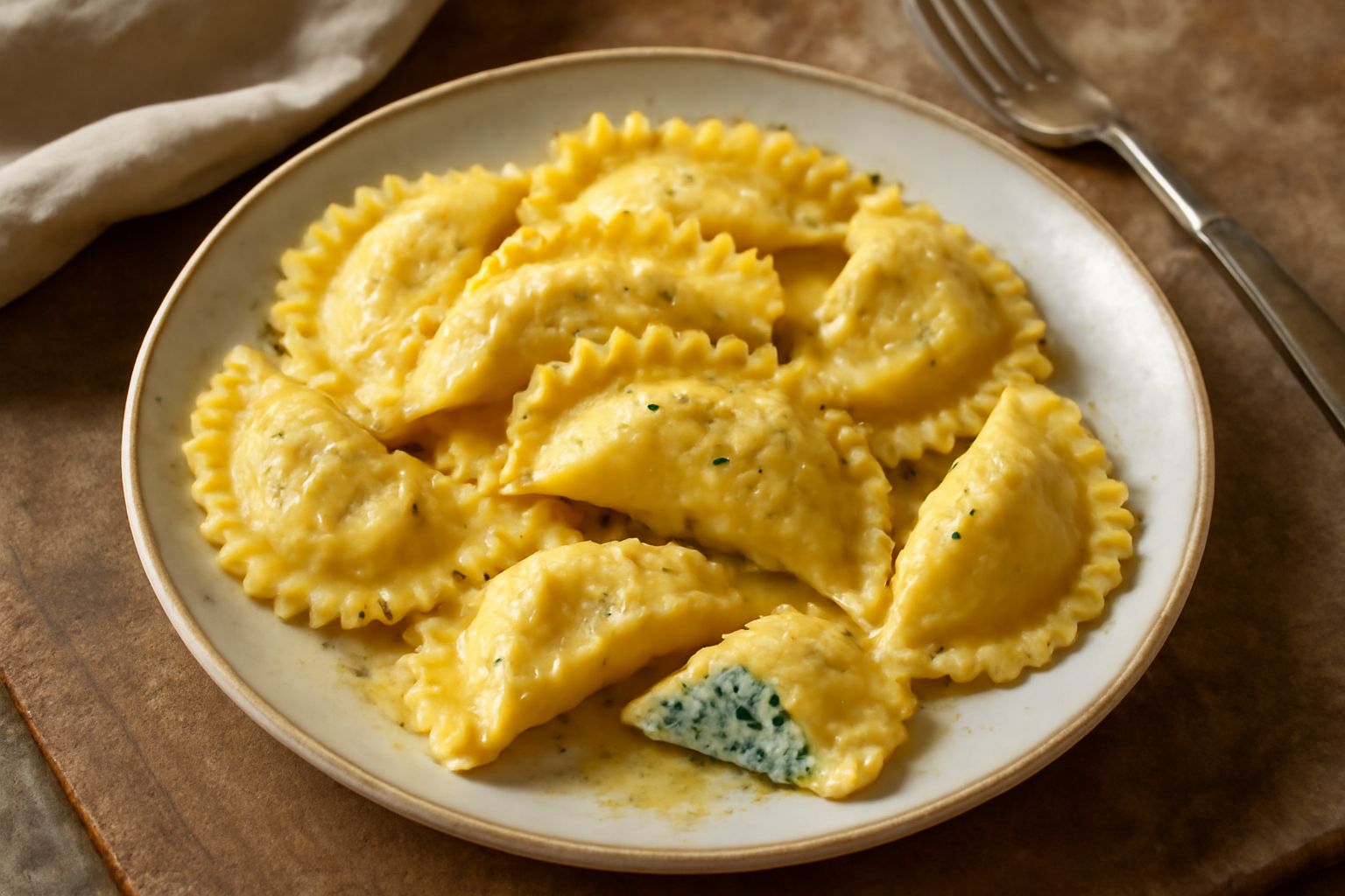 Casunzones serranos dorati su un piatto bianco, pasta ripiegata a forma di mezzaluna con bordi ondulati, ripieno di ricotta e spinaci visibile dal taglio, spolverati di formaggio grattugiato e contorn
