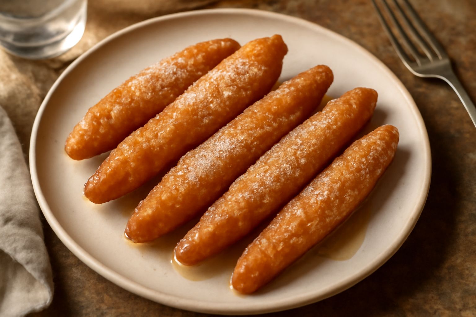 Catalanelle fritte dorate e croccanti, a forma di bastone allungato, cosparse di zucchero bianco e miele, impilate in una ciotola bianca, sfondo neutro