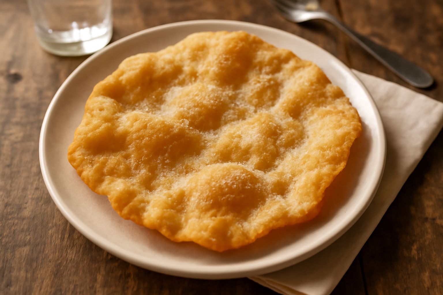 Catalanelle dorate e croccanti disposte su un piatto bianco, ricoperte di zucchero semolato, con una tazza di caffè sfocata sullo sfondo