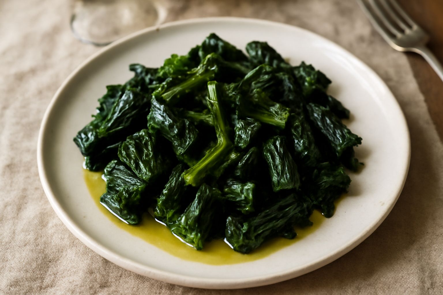Piatto bianco con verdure di Catalogna tagliate a pezzi di tre centimetri, verde intenso brillante, condite con olio d'oliva dorato e limone appena spremuto, foglie intere che emergono dal piatto