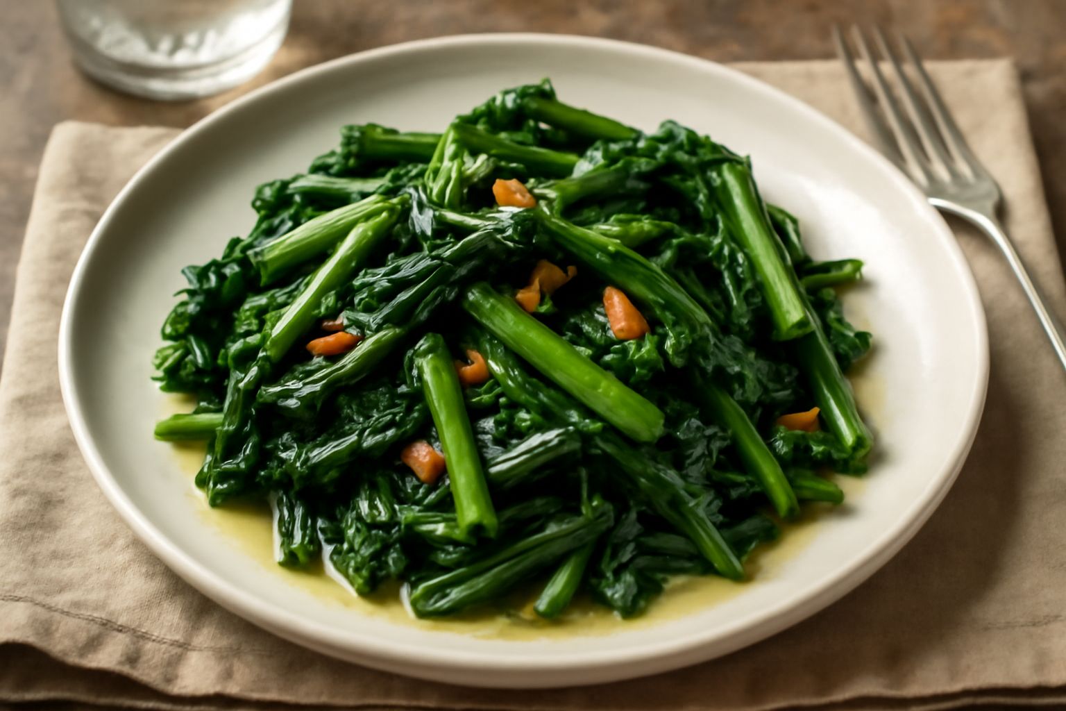 Catalogna trifolata servita in un piatto bianco: verdura verde scuro con pezzetti d'aglio dorato, olio lucido visibile, peperoncino rosso sparso, contorno di limone