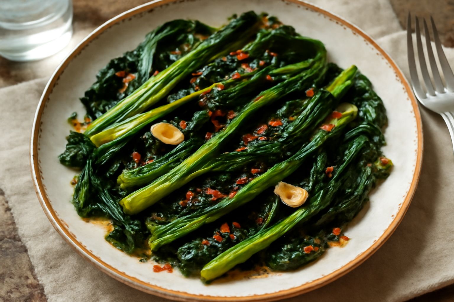 Catalonia saltata in padella di ferro, color verde scuro con sfumature dorate ai bordi, aglio affettato trasparente visibile tra le foglie croccanti, olio lucido, servita in piatto bianco con filo di 