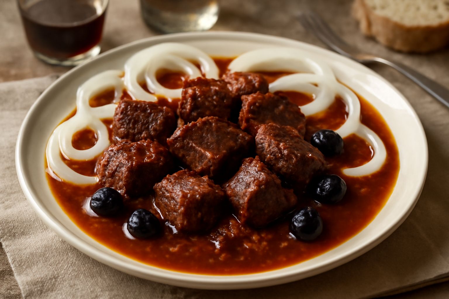 Cavadduzzu in terracotta, carne scura e tenera in salsa di pomodoro con olive nere, cipolla caramellata e prezzemolo fresco, servito fumante in piatto bianco