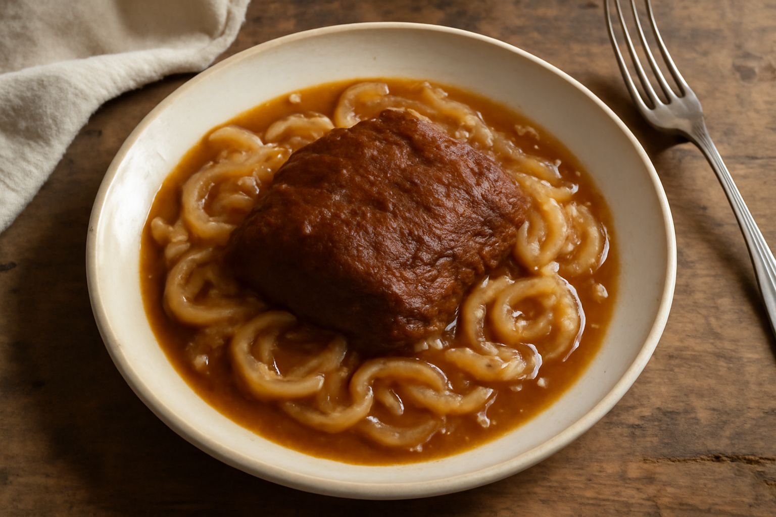 Cavadduzzu ca' cipudda: fette di carne di cavallo braciata di colore marrone scuro, avvolte in cipolla dorata e trasparente, servito in piatto bianco con sugo ricco, guarnito con prezzemolo fresco