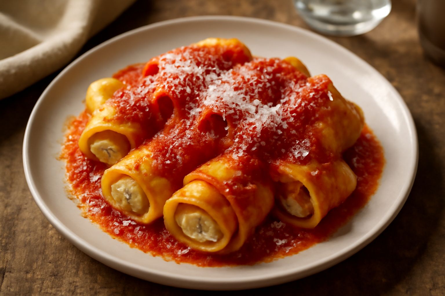Cavadduzzu ca' ricotta su piatto bianco con salsa di pomodoro, grattugiata di pecorino giallo e pepe nero macinato, pasta dorata leggermente incartocciata