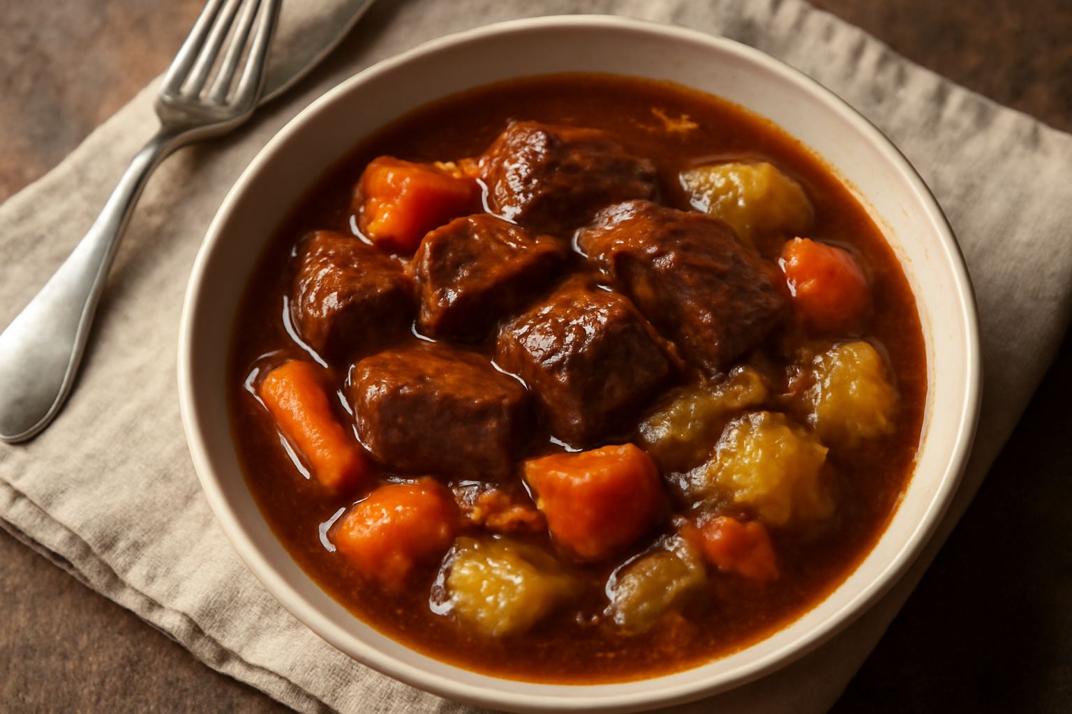 Cavallo in umido servito in un piatto fondo bianco con pezzi di carne scura in sugo marrone intenso, contornato da carote, sedano e patate morbide, con erbe aromatiche sparse in superficie
