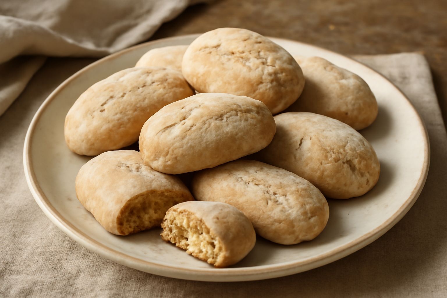 Una decina di cavallucci di Siena disposti su un piatto bianco, biscotti ovali color nocciola con superficie leggermente screpolata e polverosi, di circa 8 centimetri di lunghezza, in controluce davan