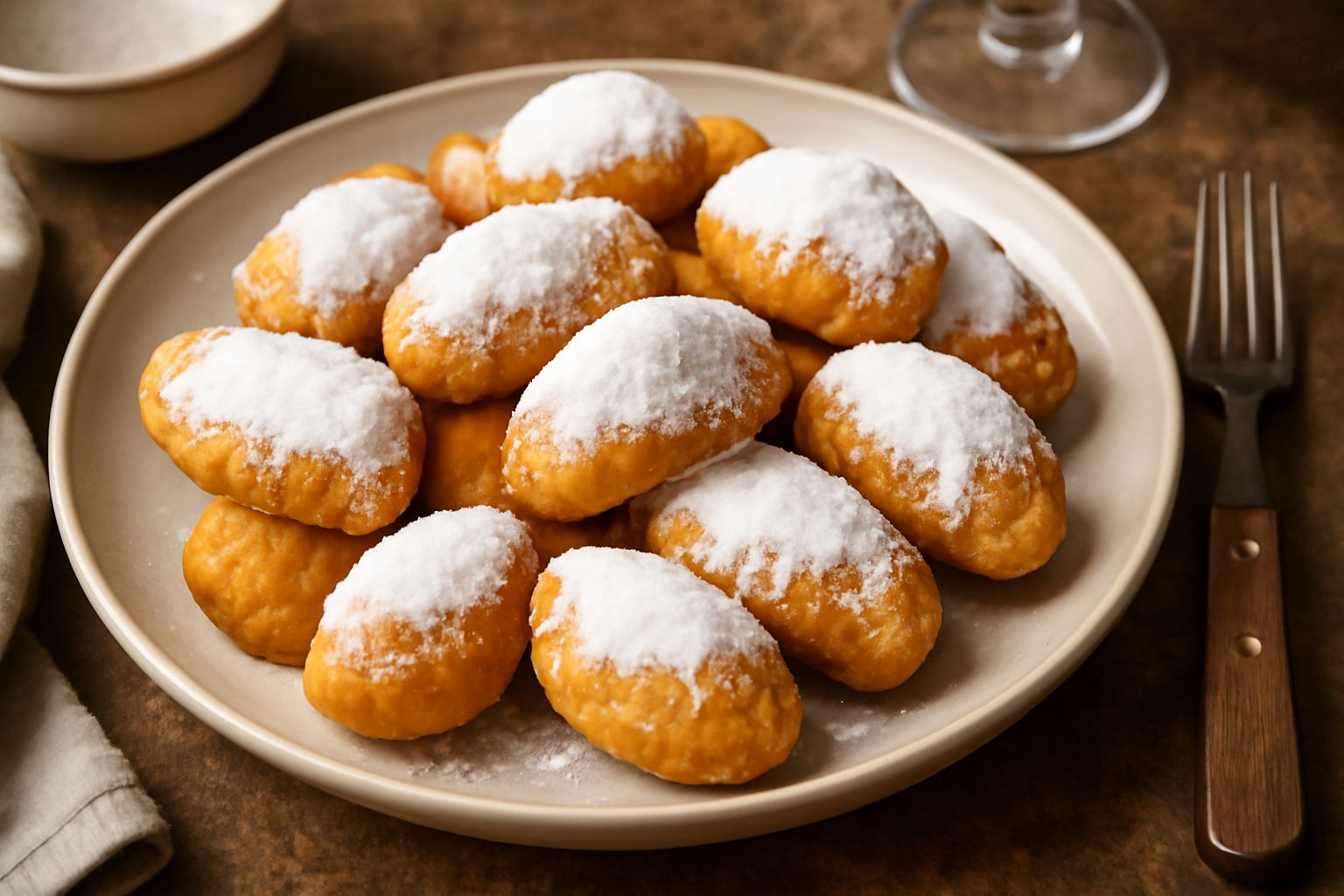 Cavallucci fritti dorati disposti su carta trasparente, ricoperti di glassa bianca opaca, con fondo sfocato di miele e spezie
