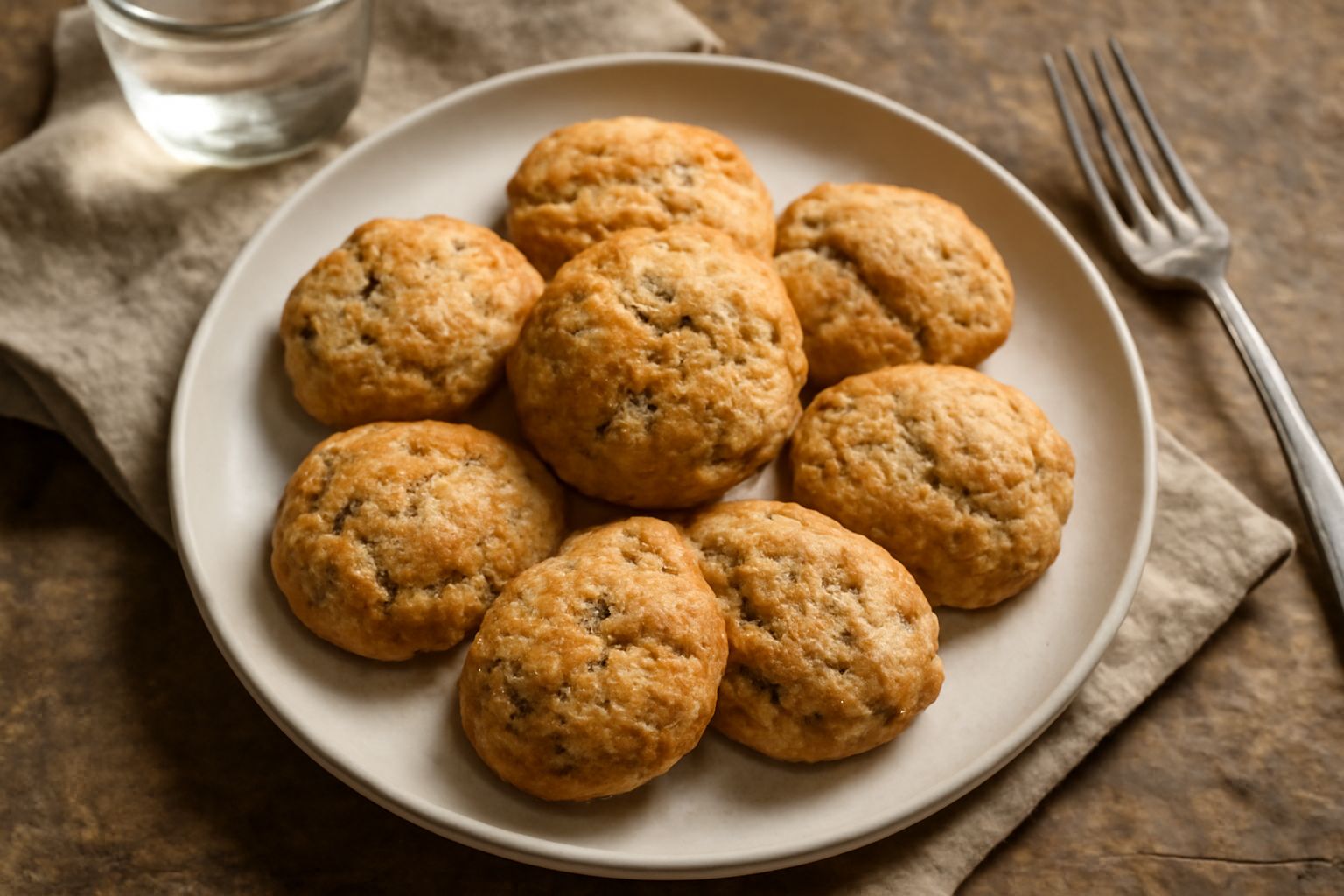 Cavallucci modenesi disposti su un piatto bianco, biscotti dorati e friabili con superficie polverosa, accanto una tazza di caffè
