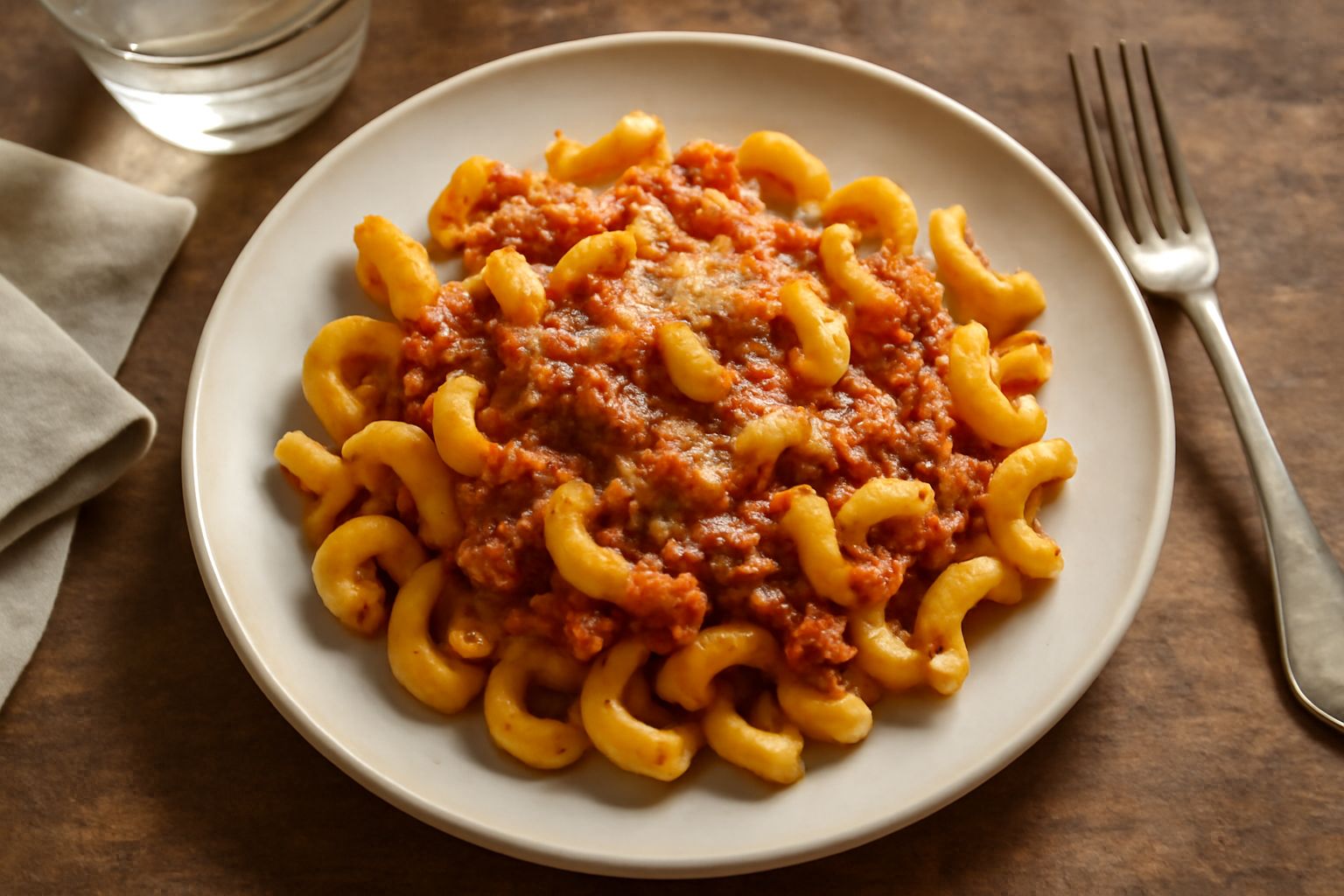 Piatto di cavatappi conditi con ragù rosso di pomodoro e verdure, decorati con basilico fresco e grana grattugiato, su fondo bianco