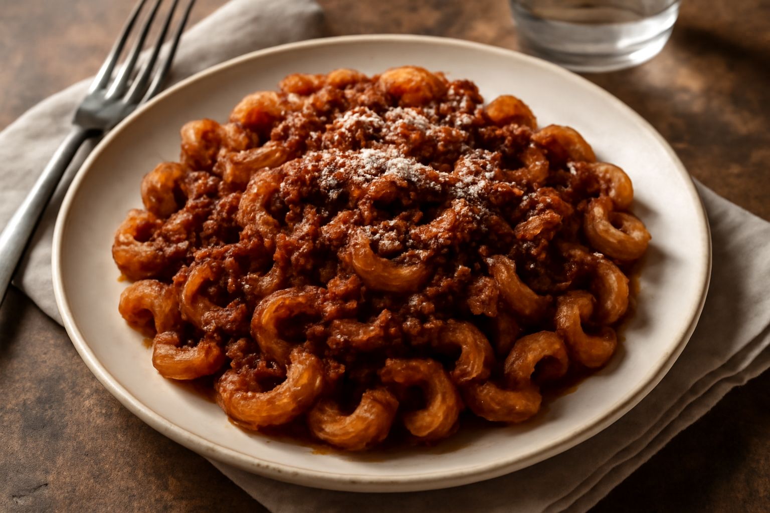 Piatto di ceramica bianca con cavatappi ricoperti di ragù rosso scuro a base di carne, grattugiato di formaggio pecorino, con cucchiaio di legno a lato su tavolo di legno chiaro