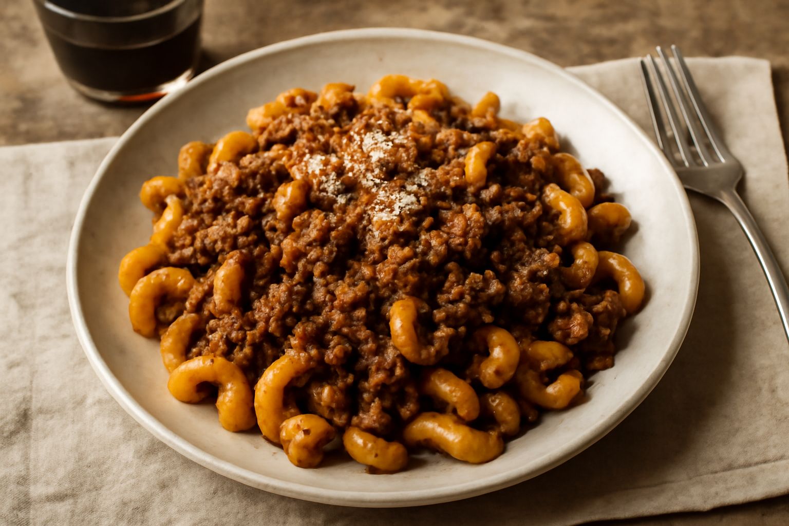 Piatto di cavatappi al ragù messinese: pasta rigatata di colore dorato ricoperta da ragù marrone scuro con frammenti di melanzane viola e viola-nere, cosparsa di formaggio bianco grattugiato, impiatta