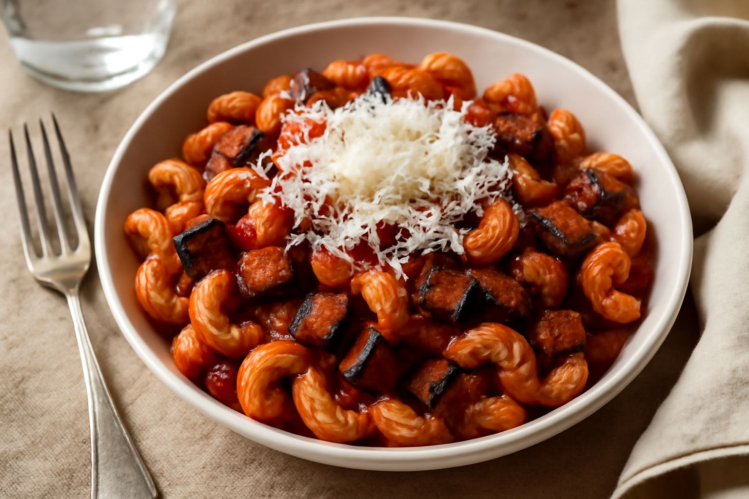 Piatto di cavatappi fumanti con melanzane viola dorate, salsa rossa di pomodoro, fili di ricotta salata bianca grattugiata sopra, basilico verde e olio lucido in superficie