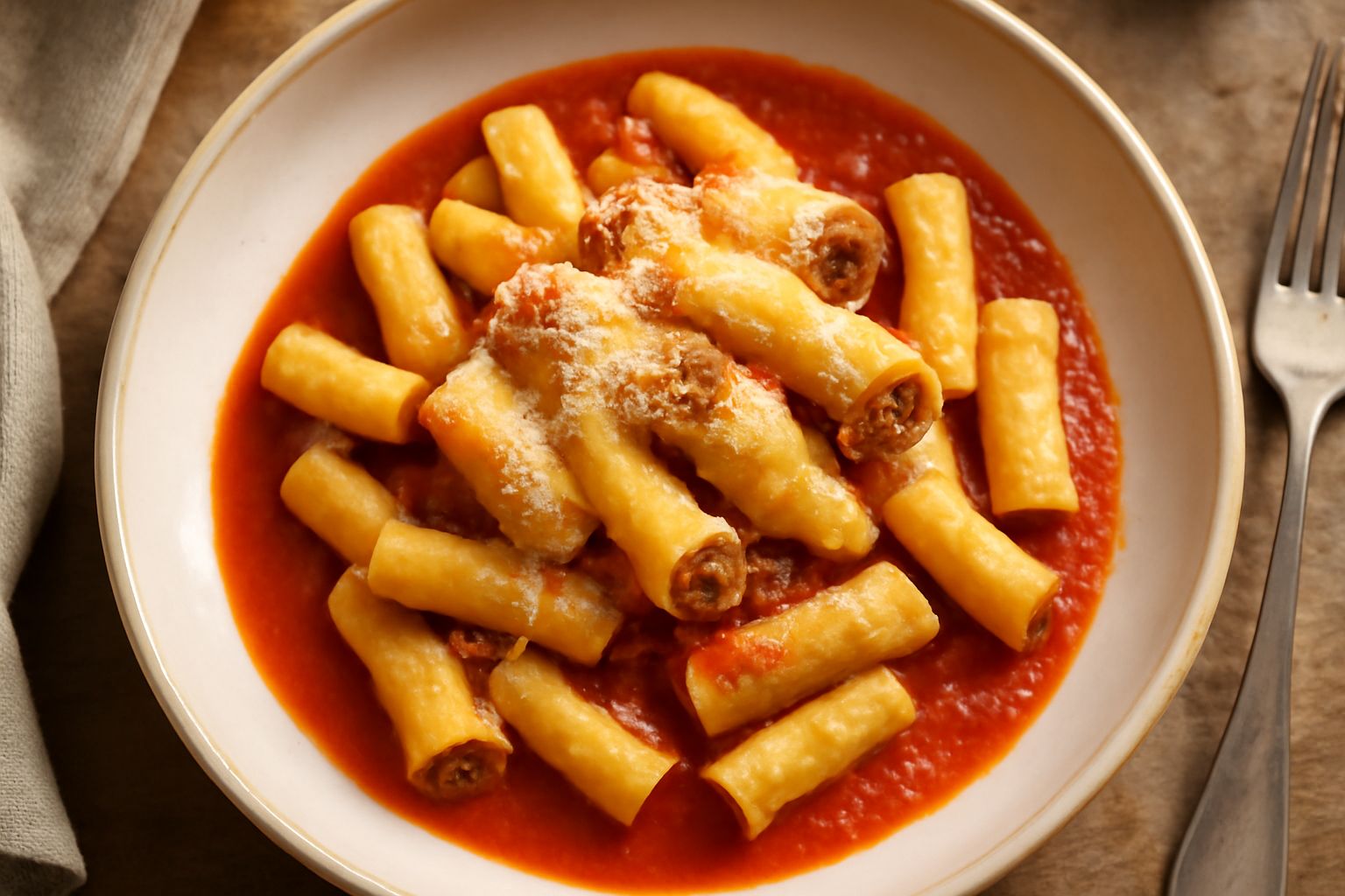 Piatto di cavatappi calabresi ripieni di carne, disposti in fila su un fondo di sugo di pomodoro rosso vivo, spolverati di parmigiano grattugiato bianco, con basilico fresco verde a contorno