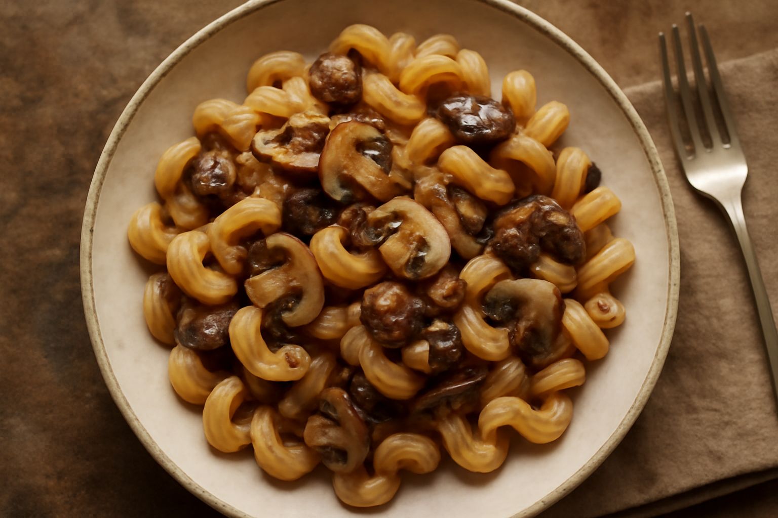 Cavatappi con funghi in un piatto bianco fondo, con pezzi di fungo marrone e chiaro sparsi nella pasta ricurva, guarniti di prezzemolo verde tritato fresco, spruzzati di olio d'oliva dorato