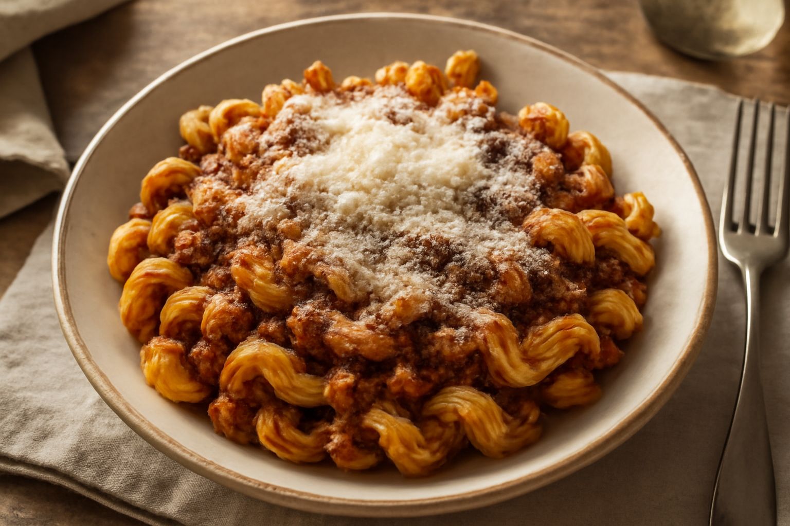 Piatto di cavatappi conditi con ragù rosso scuro, guarniti con parmigiano grattugiato bianco, su fondo di ceramica bianca, cucchiaio di legno a lato