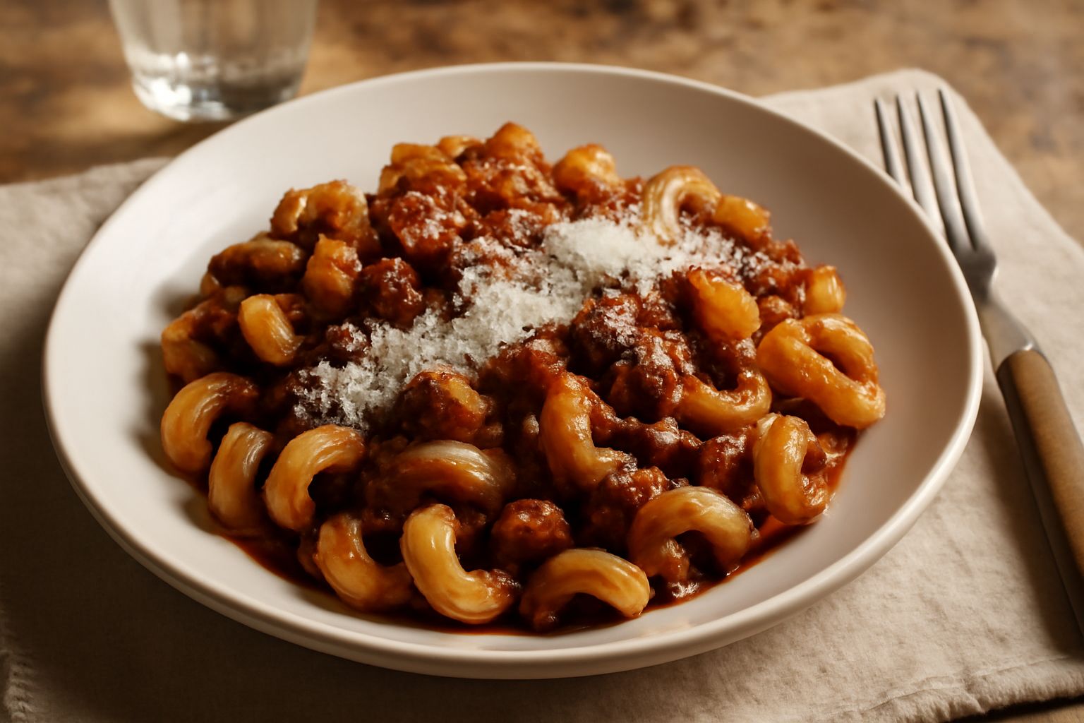 Piatto di cavatappi con ragù rosso scuro di capretto, grattugia di pecorino bianca in superficie, salsa lucida che riveste la pasta rigatissima, fondo bianco in ceramica
