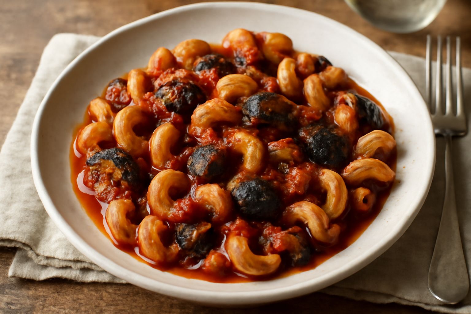 Piatto di cavatappi con sugo di melanzane scuro e cremoso, pezzi visibili di melanzana morbida e lucida, basilico fresco sopra, formaggio grattugiato leggero, su fondo bianco