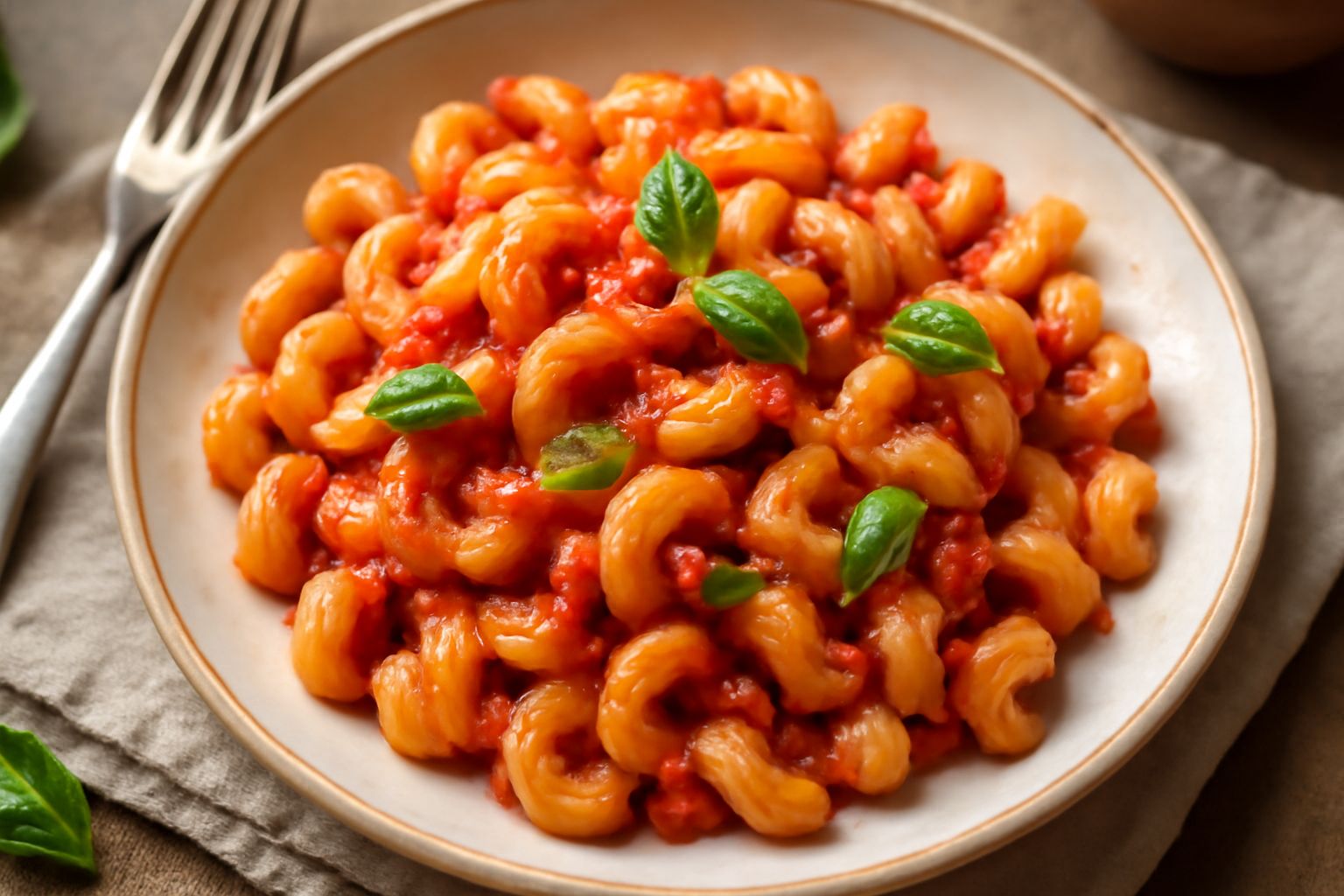 Piatto di cavatappi con sugo di pomodoro rosso brillante, pasta ondulata ricca di sugo, guarnizione di basilico fresco verde su porcellana bianca, tovaglia di lino chiaro