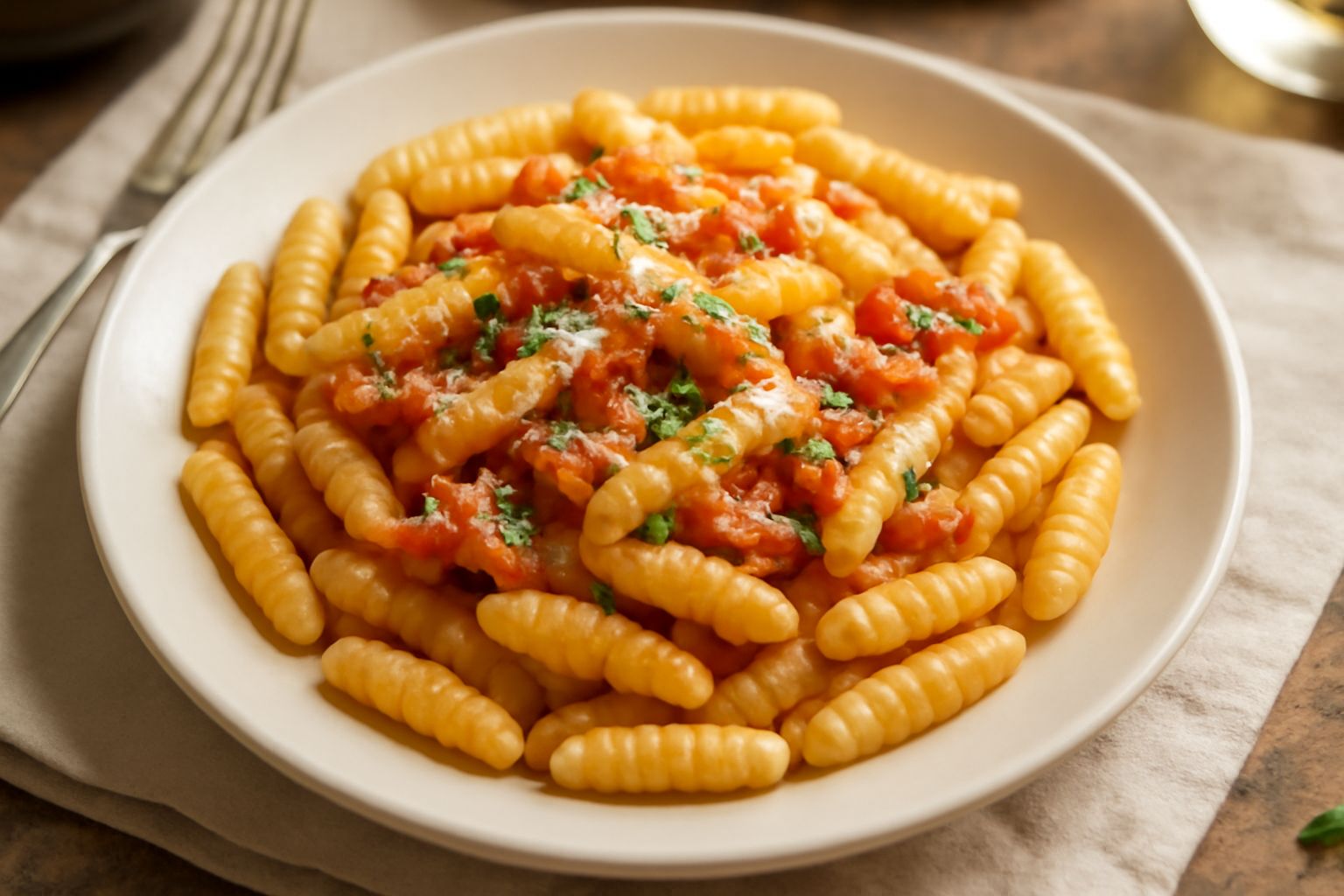 Cavatelli appena fatti disposti su una spianatoia di legno infarinata, con i solchi marcati che creano ombre, accanto a una ciotola di farina bianca e uova strapazzate