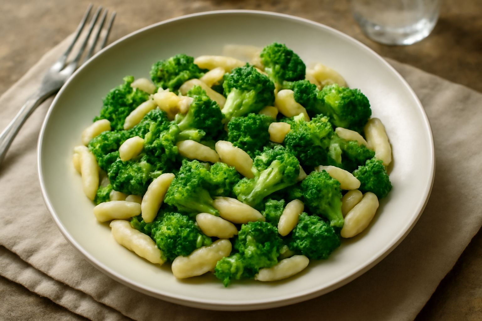 Piatto di cavatelli ai broccoli con pezzi di broccolo verde, aglio dorato e olio d'oliva, serviti in una ciotola di ceramica bianca su tavolo di legno
