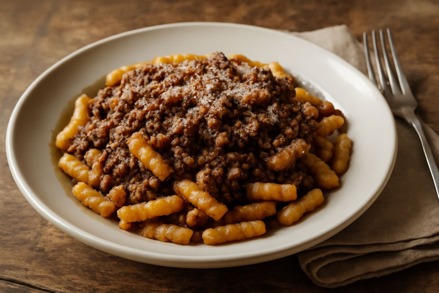 Piatto di cavatelli ricoperti di ragù scuro di lepre, pasta a forma di tubetto incurvato color ambra, sugo denso e marrone che avvolge la pasta, grana di parmigiano grattugiato in superficie, servito 