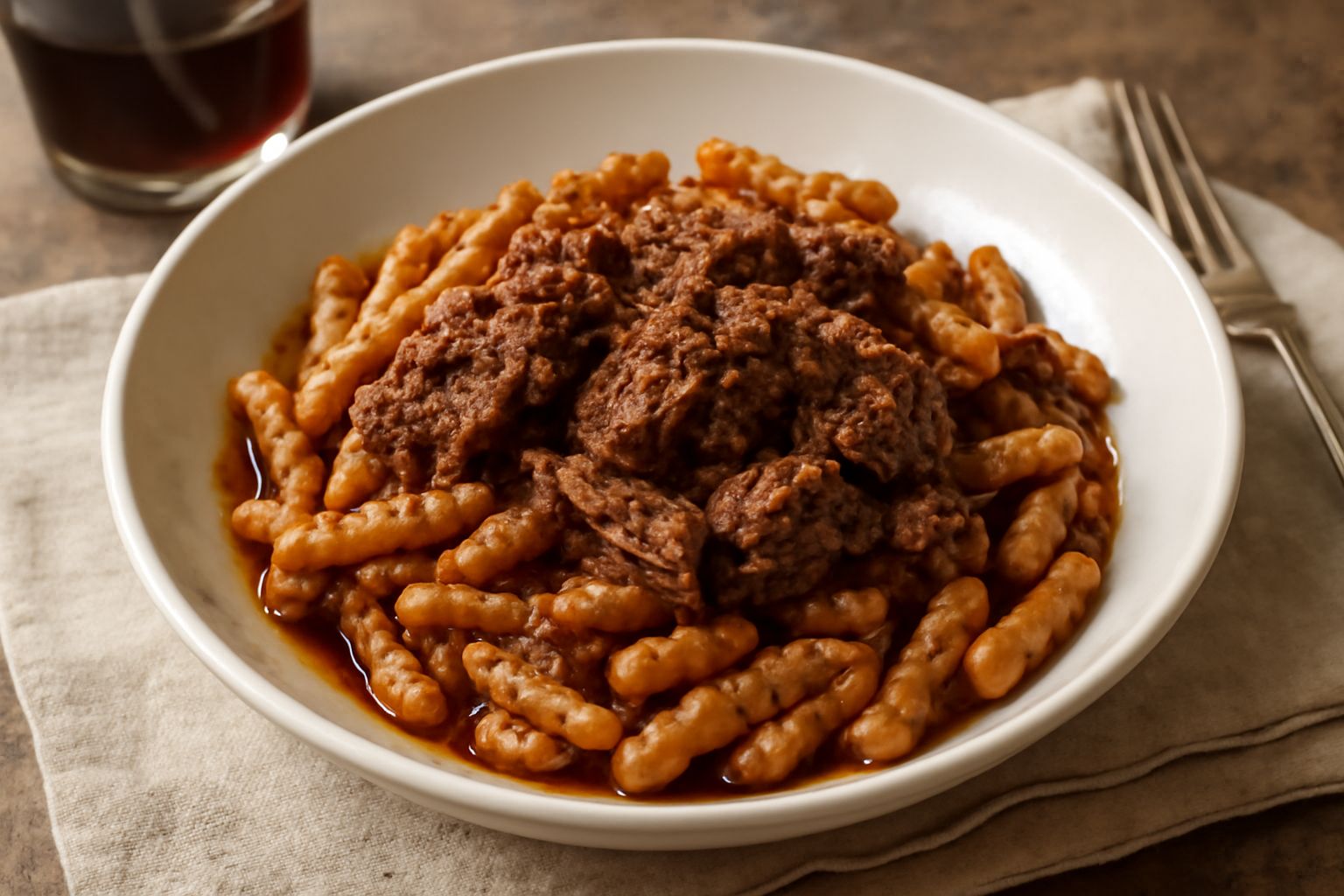 Cavatelli su piatto bianco, coperti di ragù marrone scuro con pezzi di carne morbida e pomodoro, guarniti con pecorino grattugiato e basilico fresco.