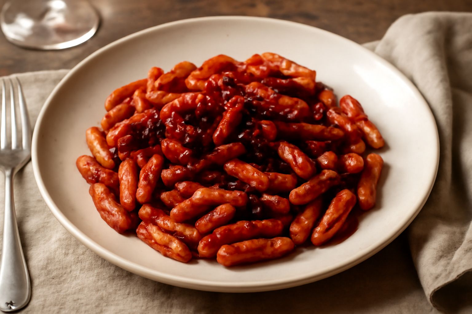 Piatto di cavatelli al sugo di peperoni cruschi visti dall'alto, pasta ricurva ricoperta di sugo rosso scuro, con fili di peperoncino rosso e prezzemolo fresco sopra, olio lucido in superficie, su fon