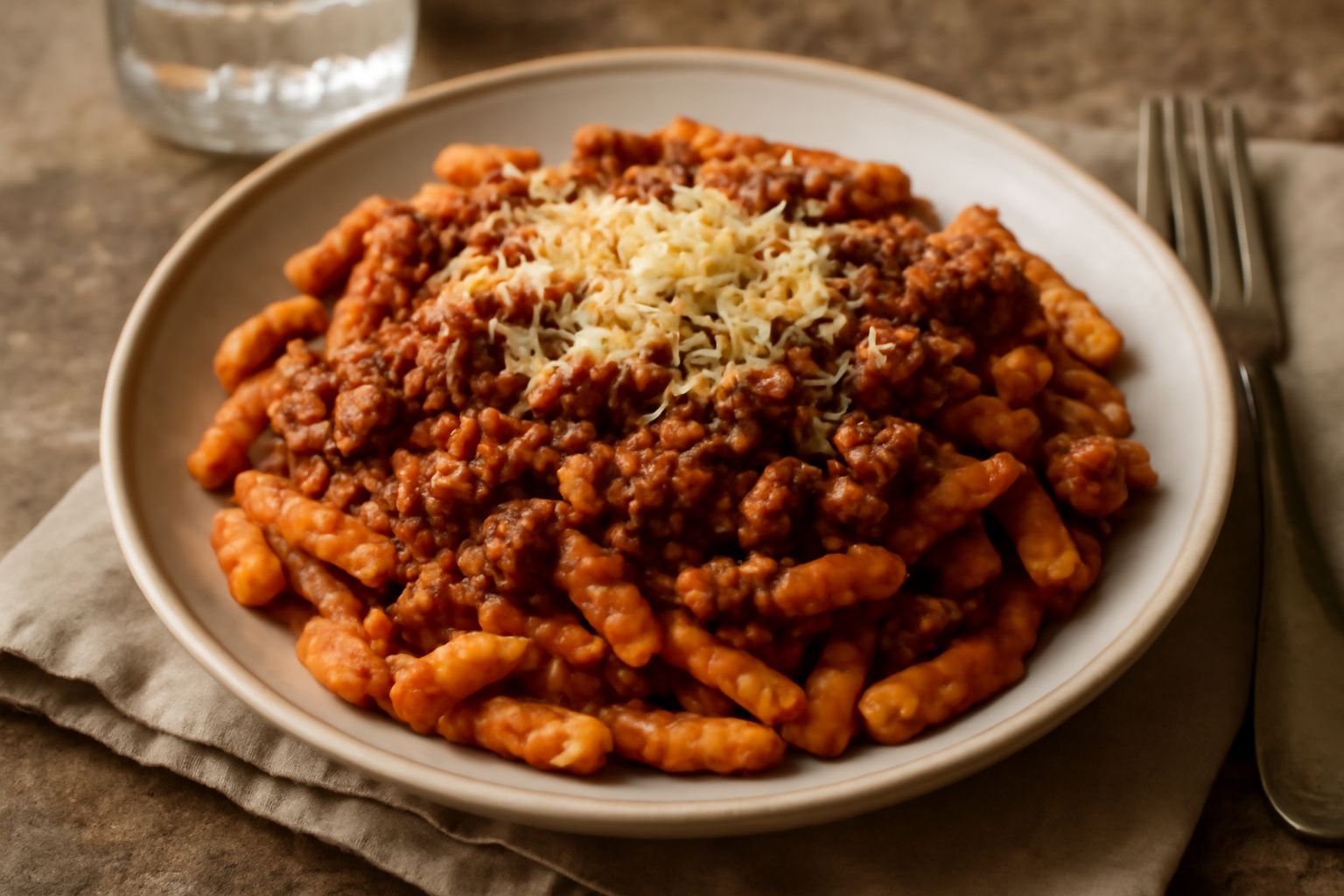 Piatto di cavatelli ondulati ricoperti di ragù rosso scuro con pezzi di carne visibili, polverizzati di formaggio grattugiato bianco, su un fondo bianco di porcellana, contorno sfocato
