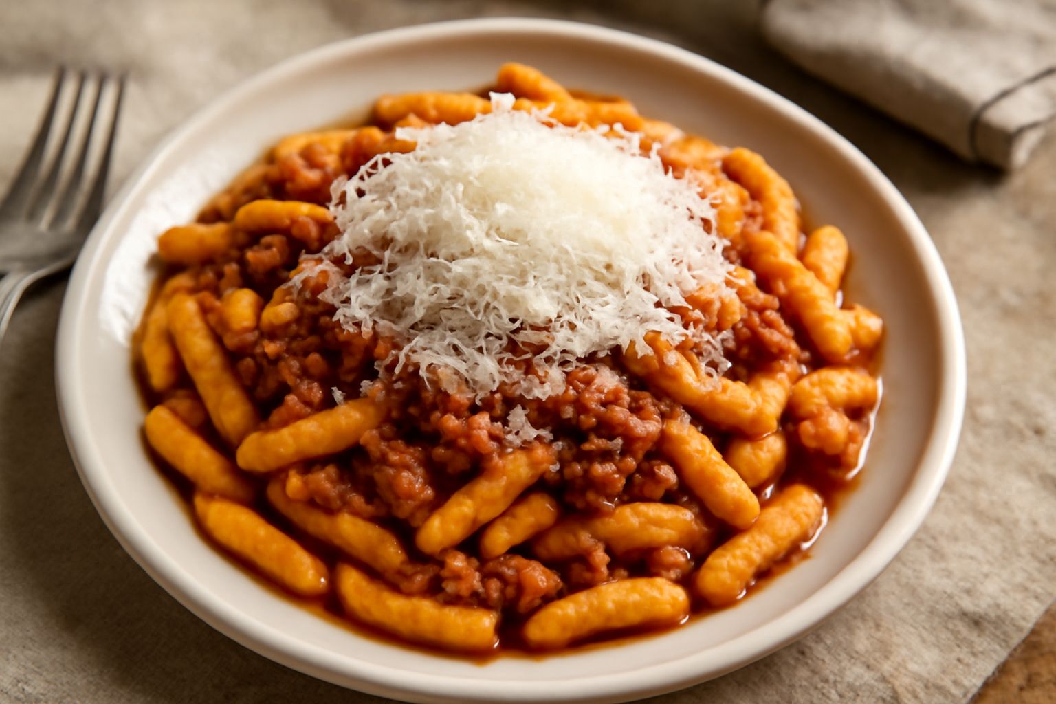 Piatto bianco con cavatelli rigatini ricoperti di ragù marrone scuro, abbondante formaggio grattugiato giallastro in superficie, agganciati con un rigatino di olio sulla parte destra del piatto