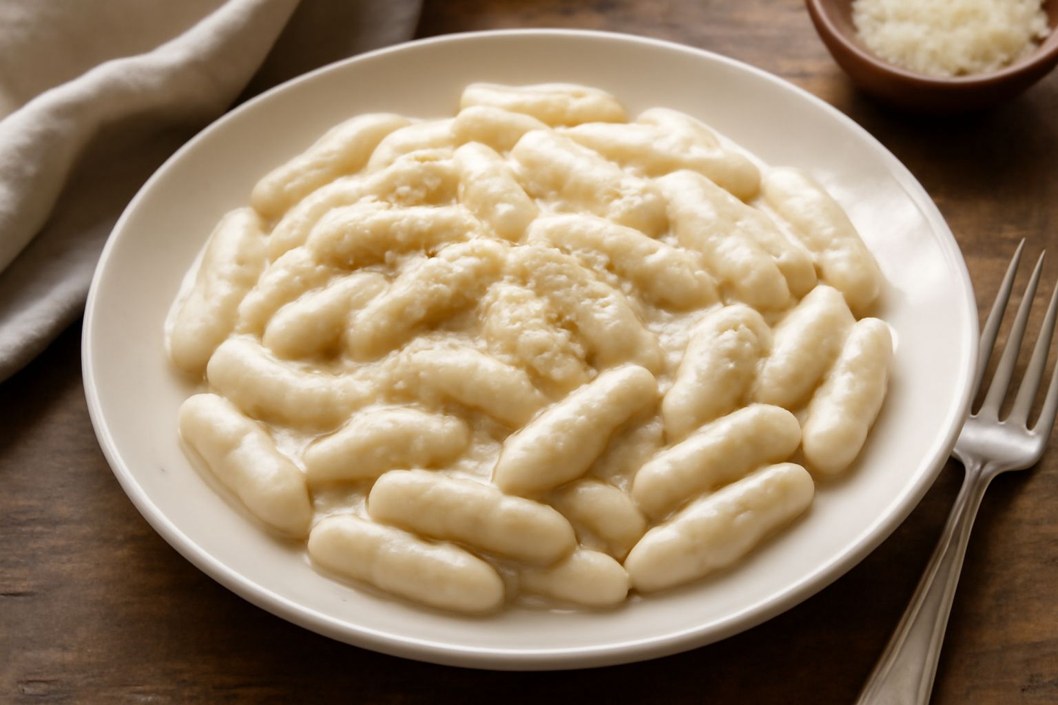 Piatto di cavatelli bianchi e paffuti ripieni, ricoperti di salsa panna color avorio, spolverati di formaggio parmigiano grattugiato e prezzemolo fresco, servito in un piatto bianco fondo su una tovag