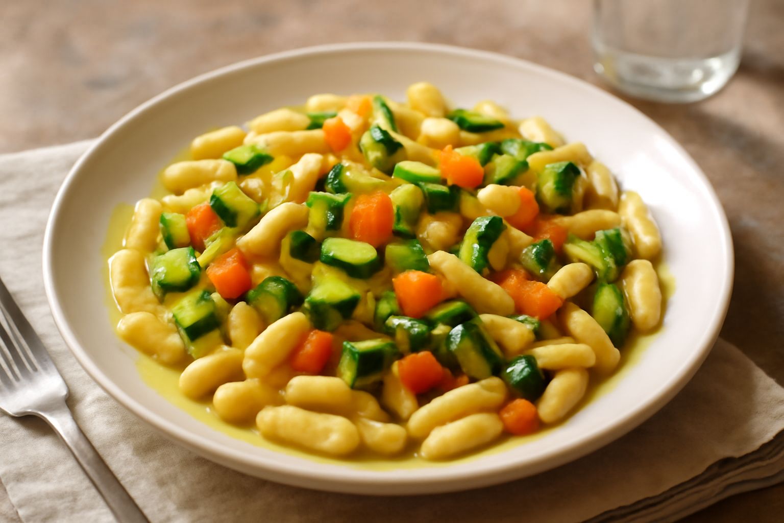 Piatto di cavatelli bianchi e ondulati, ricoperti di verdure miste tagliate a dadini e striscioline: zucchine verdi, carote arancioni, melanzane viola, pomodori rossi. Verdure leggermente appassite da