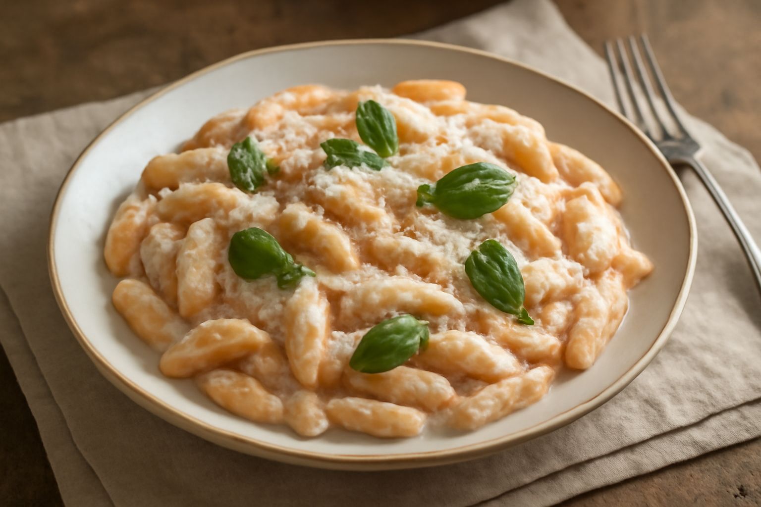Piatto di cavatelli fumanti con ricotta bianca, ragù di pomodoro rosso vivo, polvere di formaggio grana grattugiato e foglia di basilico verde