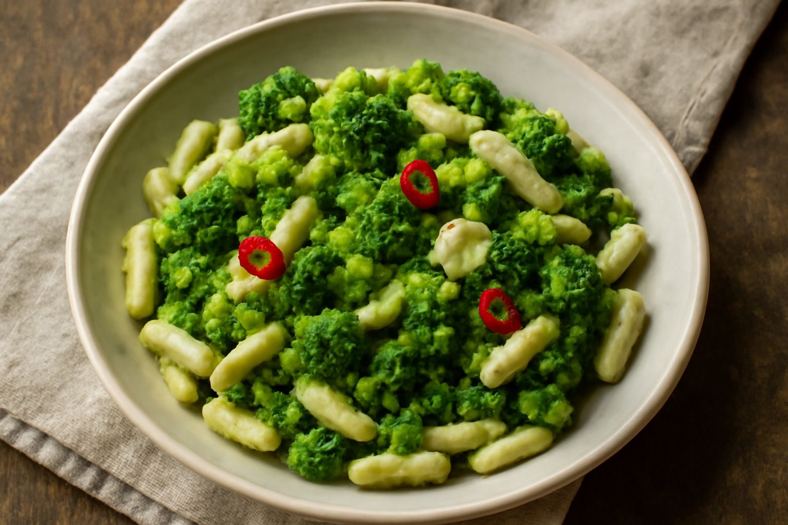 Piatto di cavatelli verdi e bianchi con broccoli croccanti, aglio dorato e olio verde, impiattati su ceramica bianca con filo d'olio in superficie