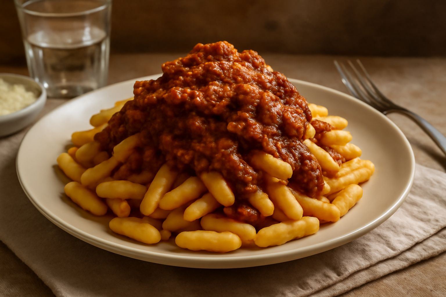 Piatto di cavatelli ca' ragù conditi con sugo rosso, pezzetti di carne visibili nel ragù, spolverati di formaggio grattugiato bianco, presentati in piatto bianco fondo