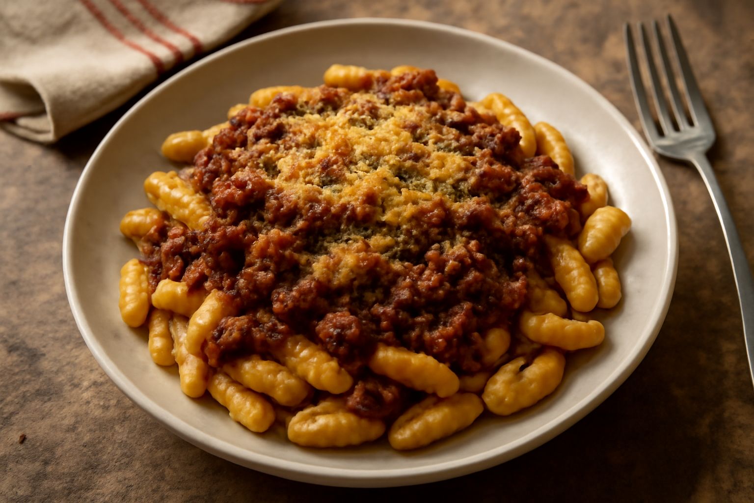 Piatto di cavatelli sardi dorati, ricoperti di ragù rosso scuro, pecorino râpé giallo, in ciotola di ceramica bianca, con cucchiaio di legno accanto