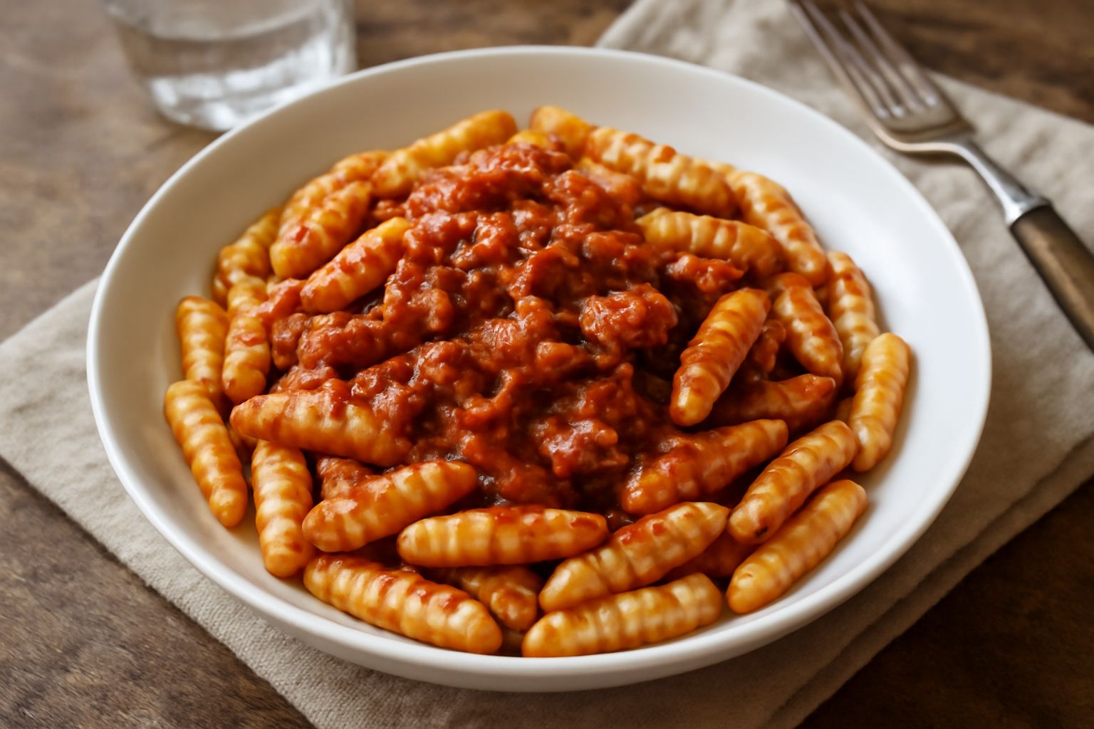 Cavatelli calabresi crudi disposti su una tavola di legno infarinata, di colore bianco-giallognolo, con forma cilindrica cava e superficie rugosa, alcuni ancora da completare con una piccola forchetta