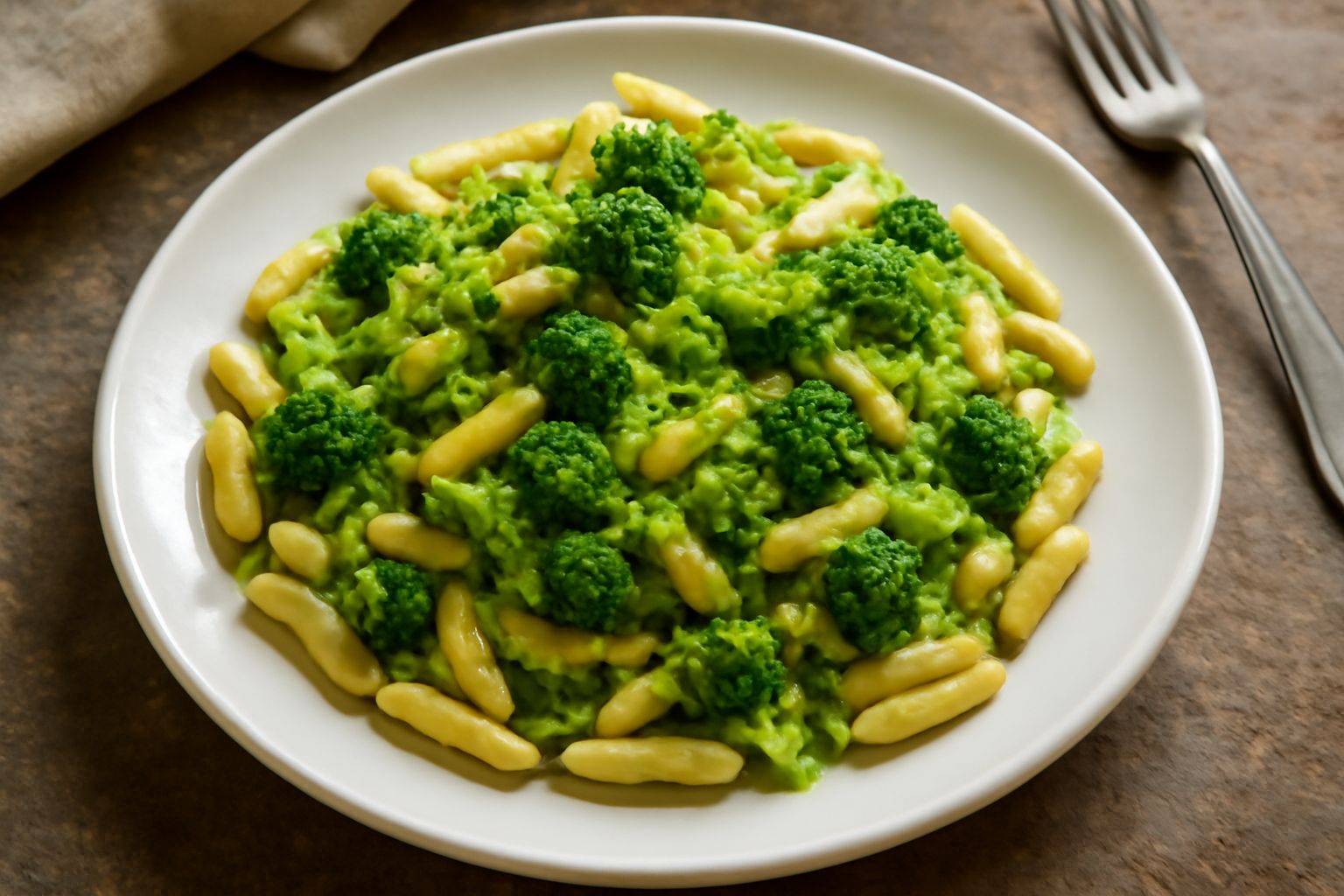 Piatto di cavatelli con broccolo: pasta ondulata di colore giallo-beige ricoperta di broccoli verde scuro parzialmente sfatti, con fili di olio brillante in superficie, servito su piatto bianco con bo