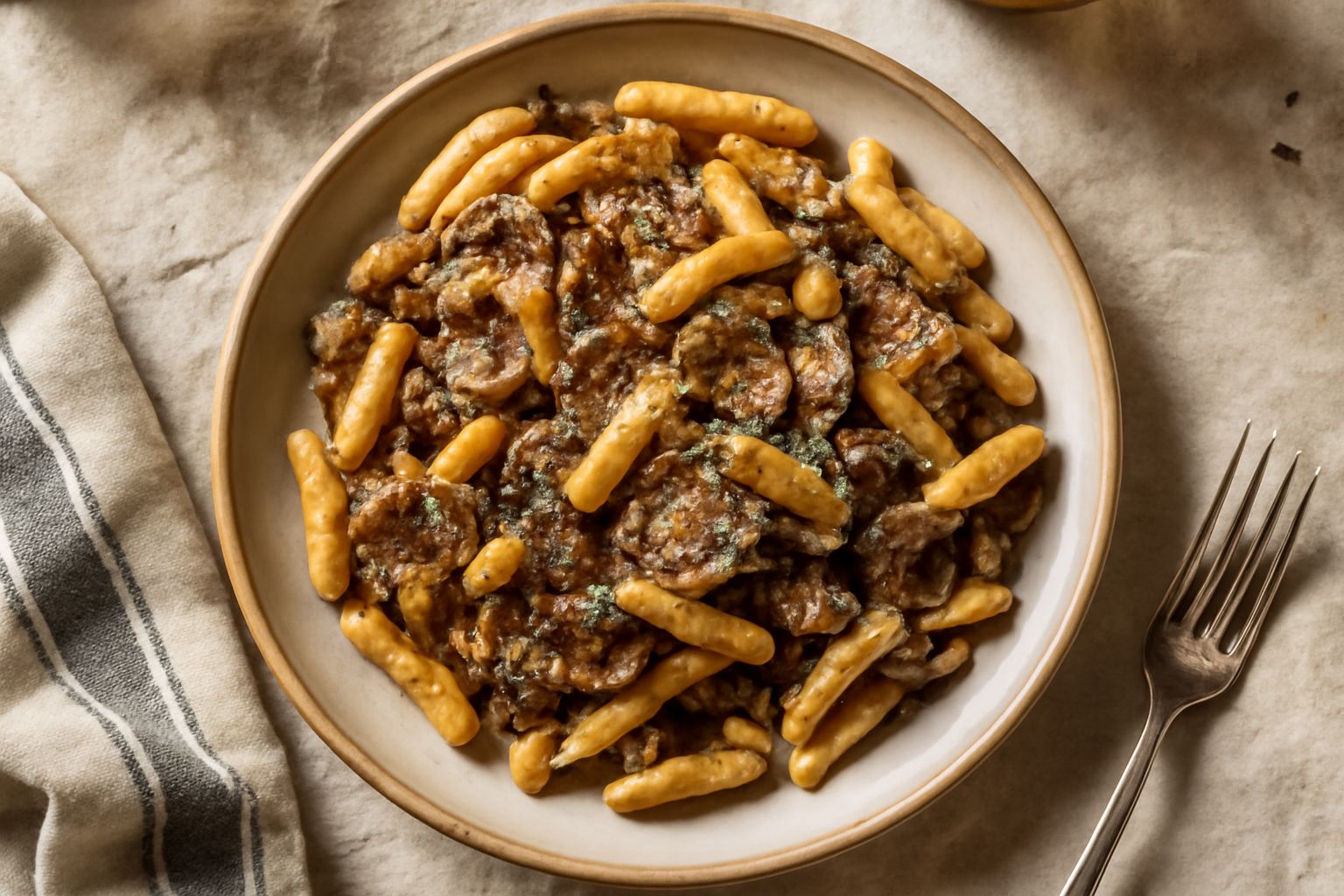 Un piatto bianco con cavatelli ricoperti di sugo marrone scuro ai funghi, guarniti con prezzemolo fresco verde, pepe nero macinato al momento, su fondo in legno naturale