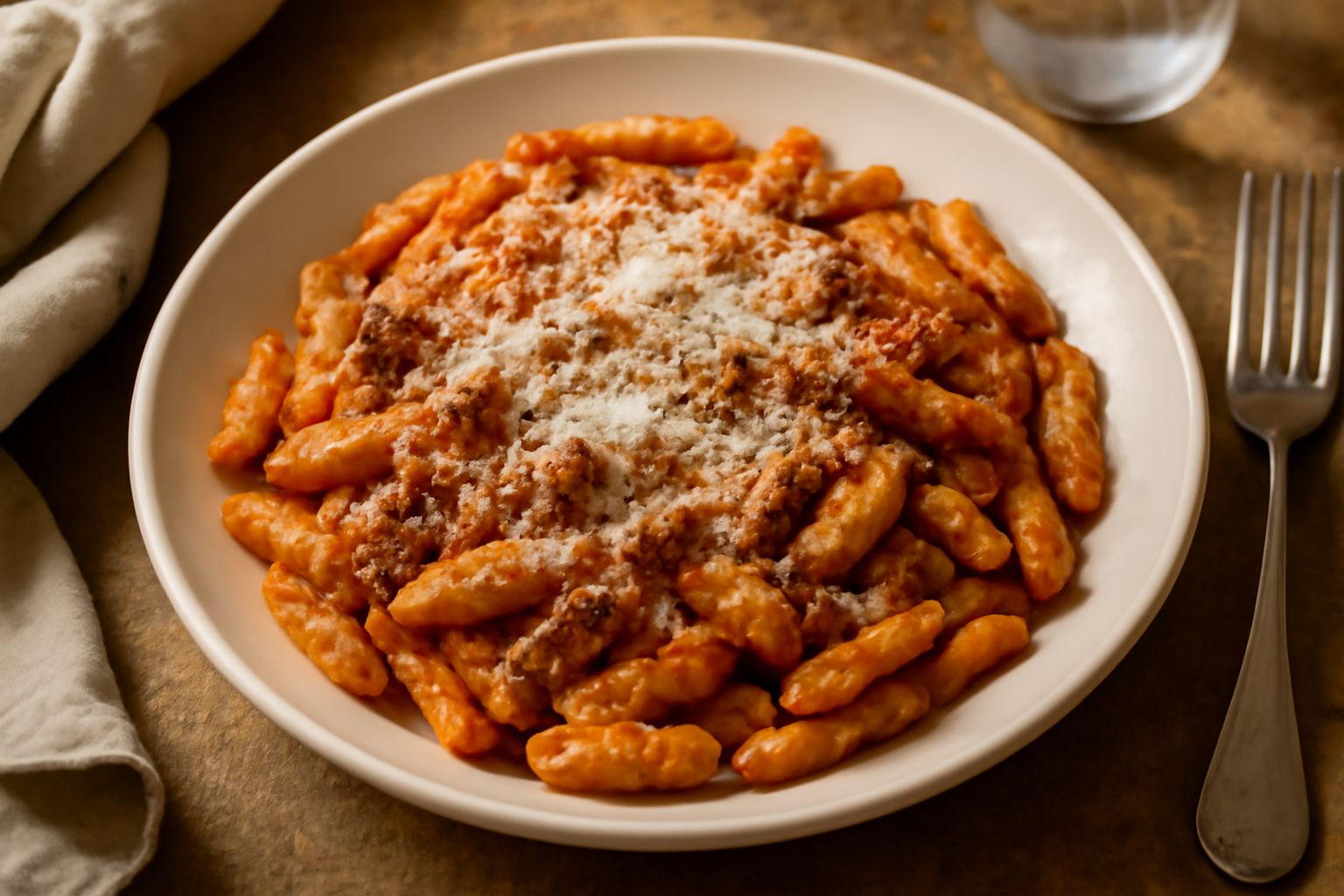Cavatelli con sugo di carne in piatto bianco, pasta scanalata rivestita di ragù rosso scuro, grattugia di formaggio fresco, contorno di pane tostato e bicchiere di vino rosso