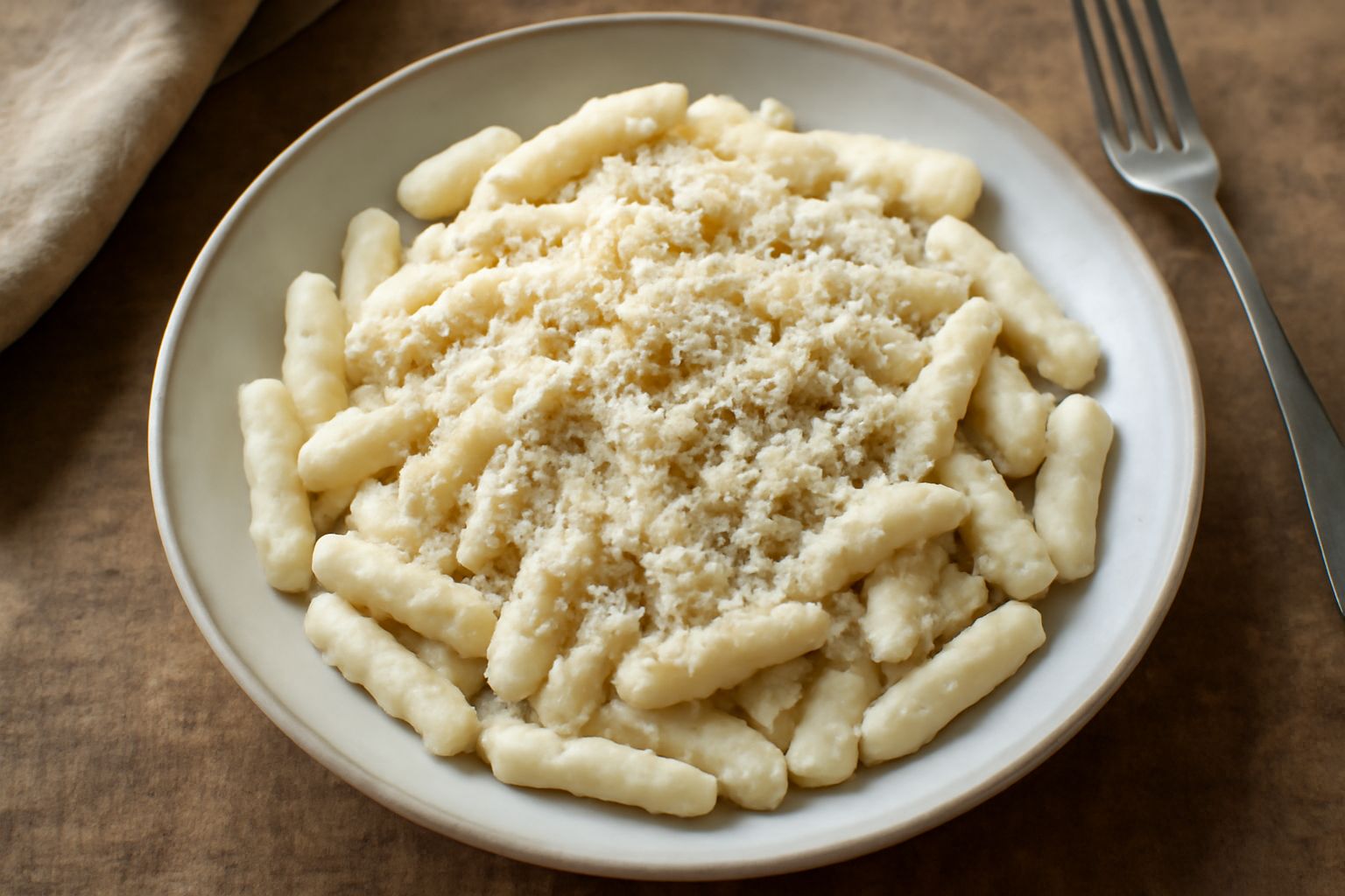 Piatto di cavatelli bianchi cotti al dente, ricoperti da ricotta salata grattugiata color crema, pepe nero visibile sulla superficie, posto su un piatto bianco con bordo, accanto un cucchiaio e un tov