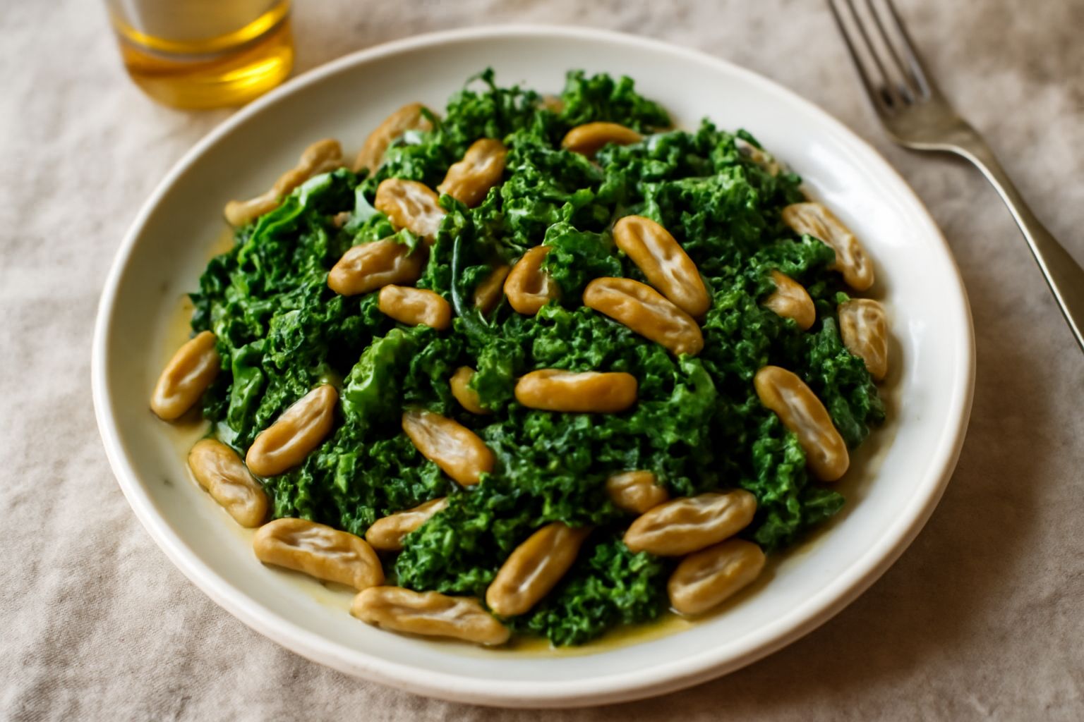 Piatto di cavatelli con cime di rapa scure saltate in padella, conditi con aglio dorato, olio di oliva e pepe nero, serviti in ciotola bianca fonda su tavolo di legno