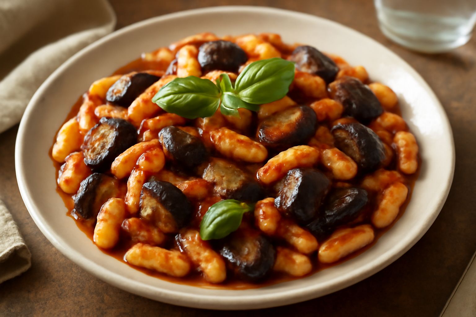 Piatto di ceramica bianca con cavatelli al dente ricoperti di melanzane grigio-viola e sugo rosso di pomodoro, basilico fresco verde, parmigiano bianco grattugiato, impiattamento da trattoria