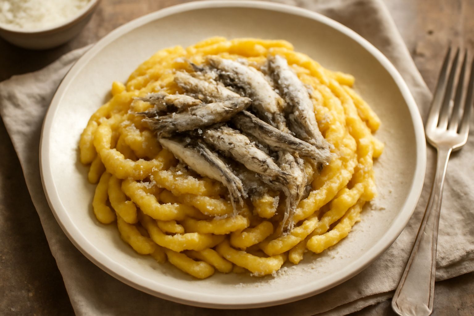 Piatto di cavatelli con sarde: pasta gialla ondulata coperta da sarde grigie intere, polvere di zafferano dorato, grattugia di pecorino bianco, servito in piatto di ceramica bianca con contorno di pre