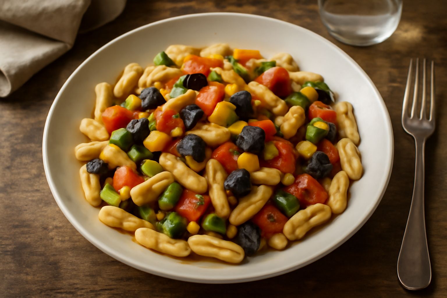 Piatto di cavatelli con zucchine verdi, melanzane violet, pomodori rossi e prezzemolo fresco, conditi con olio d'oliva su fondo bianco
